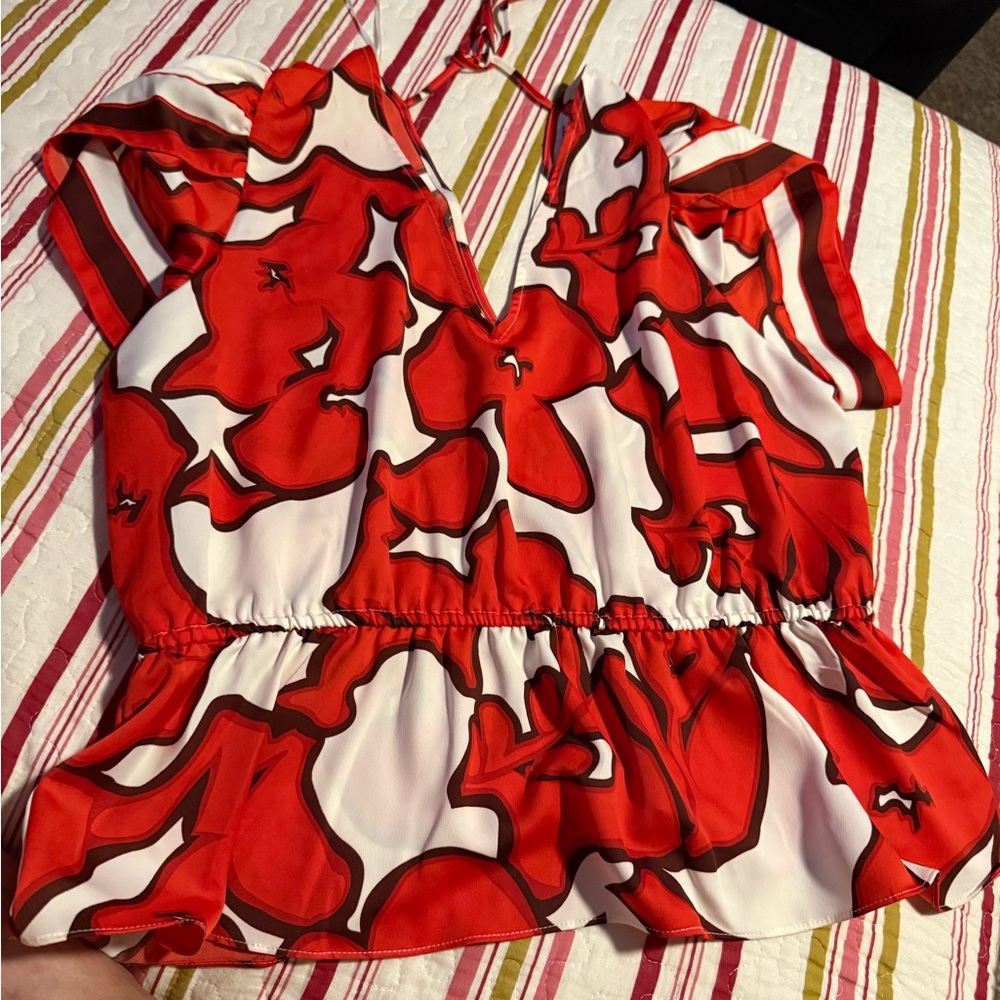 Nine West Red and White Floral Blouse